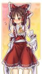  blush bow brown_eyes brown_hair detached_sleeves frills hair_bow hakurei_reimu hand_on_hip highres looking_away misti short_hair the_iron_of_yin_and_yang touhou 