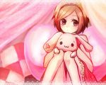  brown_hair bunny dress meiko pink rabbit red red_eyes short_hair stuffed_animal stuffed_toy toy vocaloid young 