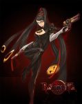  bayonetta bayonetta_(character) beauty_mark black_eyes black_hair bodysuit breasts chains cleavage cleavage_cutout dual_wielding elbow_gloves glasses gloves grey_eyes gun hair_bun hair_ribbon high_heels laio leg_up long_hair mole red_ribbon ribbon shoes solo standing_on_one_leg very_long_hair weapon 