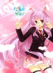 bespectacled brooch bunny_ears crescent frills glasses globe heart jacket jewelry kurot long_hair necktie pleated_skirt pointing purple_hair rabbit_ears red_eyes reisen_udongein_inaba skirt smile solo thigh-highs thighhighs touhou zettai_ryouiki 