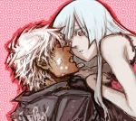 bad_id face-to-face face_to_face incipient_kiss k&#039; k' king_of_fighters kiss_attempt kula_diamond leather_jacket lowres narcissu phosporus skin_contrast white_hair 