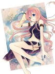  bad_id bare_shoulders barefoot belt blue_eyes detached_sleeves feet hands long_hair long_skirt megurine_luka midriff navel pink_hair side_slit sitting sleeveless smile solo suzu_(pixiv434527) vocaloid 