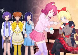  5girls absurdres aida_mana anger_vein bench biting blonde_hair blue_eyes blue_hair blush closed_eyes crossed_legs dokidoki!_precure double_bun eating feeding food half_updo handkerchief harem highres hishikawa_rikka huge_filesize ice_cream jealous kenzaki_makoto long_hair multiple_girls orange_hair pantyhose pink_eyes pink_hair pout precure purple_hair regina_(dokidoki!_precure) shorts sitting smile t5s5ah thigh-highs violet_eyes yotsuba_alice yuri zettai_ryouiki 