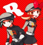  1boy 1girl alternate_costume belt blue_eyes blue_hair bow brown_eyes brown_hair cabbie_hat dada_(dolce) gloves gold_(pokemon) hat hat_ribbon kotone_(pokemon) open_mouth pokemon pokemon_(game) pokemon_gsc pokemon_heartgold_and_soulsilver red_ribbon ribbon short_twintails skirt smile team_rocket team_rocket_(cosplay) twintails 