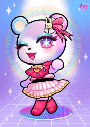  +_+ 1girl :d animal_crossing animal_ears baby_animal bear bear_cub bear_ears bear_girl blush boots brooch color_connection cosplay dress english_commentary frilled_gloves frills gloves hair_ornament heart heart_brooch highres hoshino_ai hoshino_ai_(cosplay) idol idol_clothes jewelry judy_(animal_crossing) lustellia one_eye_closed oshi_no_ko pink_boots pink_dress pink_ribbon rabbit_hair_ornament ribbon ring_light_reflection smile solo sparkling_eyes star-shaped_pupils star_(symbol) star_hair_ornament star_in_eye symbol-shaped_pupils symbol_in_eye turtleneck turtleneck_dress 