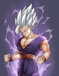  1boy biceps clenched_hands commentary_request dougi dragon_ball dragon_ball_super gohan_beast grey_hair highres ku_buirichi muscular muscular_male pectorals powering_up red_eyes solo son_gohan spiky_hair 