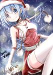  1girl bare_shoulders blue_eyes blue_hair cat choker christmas gloves hat mahou_shoujo_madoka_magica miki_sayaka santa_costume santa_hat smile snow solo thighhighs u_u_(mooooooou) zettai_ryouiki 