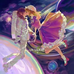  2girls absurdres alternate_costume astronaut blonde_hair blush brown_hair chinese_commentary collared_dress commentary_request dress earth_(planet) embarrassed frilled_dress frills hat helmet highres huameiyu kiss long_hair maribel_hearn mary_janes missing_headwear mob_cap multiple_girls outdoors planet puffy_short_sleeves puffy_sleeves purple_dress red_shoes shoes short_sleeves socks space space_helmet touhou usami_renko white_socks yuri 