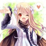  1girl anais_del_caril arm_up blonde_hair cape dress fang flower hair_flower hair_ornament heart long_hair long_sleeves looking_at_viewer open_mouth red_eyes smile solo spoken_heart tales_weaver white_dress wide_sleeves wink yuya_(night_lily) 