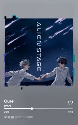 2boys absurdres alien_stage artist_name black_eyes black_hair cactusute commentary cure_(alien_stage) english_commentary english_text green_eyes grey_hair highres holding_hands instagram_logo ivan_(alien_stage) long_shirt looking_at_another male_focus media_player_interface meteor_shower multiple_boys night open_mouth pause_button progress_bar repeat_button shirt short_hair shuffle_button song_name spotify thick_eyebrows till_(alien_stage) tumblr_logo twitter_logo very_short_hair white_shirt 