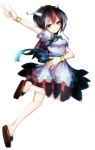  1girl basilis9 black_hair bracelet highres horns kijin_seija multicolored_hair outstretched_arm red_eyes redhead short_hair short_sleeves smile solo touhou white_background white_hair 