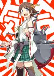  1girl bare_shoulders blue_eyes blush brown_hair detached_sleeves hairband headgear hiei_(kantai_collection) japanese_clothes kantai_collection kumadano nontraditional_miko open_mouth personification plaid short_hair skirt smile solo thighhighs 