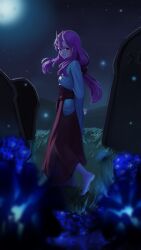  1girl absurdres blue_flower closed_mouth commentary english_commentary flower full_moon grass highres horns japanese_clothes kimono lyknoe moon night oni outdoors pink_hair red_eyes shuna_(tensura) solo tensei_shitara_slime_datta_ken white_kimono 