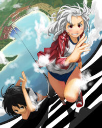  2girls black_eyes black_hair blue_buruma blue_sky blush buruma clouds commentary_request day full_body grin gym_uniform jacket multiple_girls open_clothes open_jacket original red_eyes red_jacket red_shoes running sengoku_esuji shirt shoes sky smile surreal white_hair white_shirt 