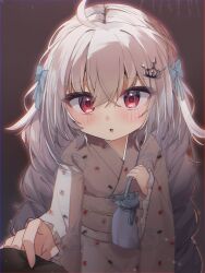  0tohane_811 bag black_crown blue_bow bow commentary crown fish grey_kimono hand_up highres japanese_clothes kimono night open_mouth outline red_eyes red_outline ryogoku_tsukasa specialite_(company) twintails white_hair 