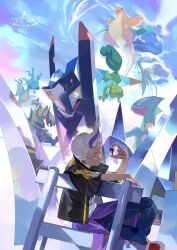  1boy archaludon black_jacket closed_mouth day dragonite drayton_(pokemon) e_volution flygon grey_hair haxorus highres holding jacket kingdra male_focus multicolored_hair one_eye_closed open_clothes open_jacket outdoors pants pokemon pokemon_(creature) pokemon_scarlet_and_violet print_jacket sceptile shirt shoes short_sleeves sitting sky streaked_hair treecko yellow_eyes 