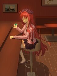  1girl ahoge bar_(place) bar_counter beret black_bow black_necktie black_skirt bow braid brown_shoes cardigan casual clenched_hand closed_mouth cocktail_glass collared_shirt commentary cup dated dracu-riot! drink drinking_glass eyes_visible_through_hair footwear_bow from_side full_body hair_between_eyes hair_bow hair_intakes hand_up haoge_china hat highres holding holding_cup indoors long_hair looking_at_viewer miniskirt necktie official_alternate_costume on_stool parted_bangs plaid_hat pleated_skirt pov purple_cardigan purple_hat red_hair shadow shirt shoes signature single_braid sitting skirt sleeves_past_wrists smile solo stool thigh-highs toasting_(gesture) tsurime very_long_hair white_bow white_shirt white_thighhighs yarai_miu yellow_eyes zettai_ryouiki 