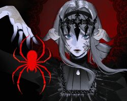  1girl arm_up au_ra black_background black_dress black_hairband blue_eyes bug circlet colored_skin commission dress english_commentary facial_mark final_fantasy final_fantasy_xiv grey_hair grey_lips hairband highres horns jewelry looking_at_viewer medium_hair original portrait red_background ring sidelocks silk spider spider_web straight-on string_around_finger two-tone_background warrior_of_light_(ff14) white_horns white_scales white_skin windupkaibyo 