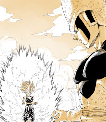  2boys amayuki318 angry arthropod_boy arthropod_limbs aura belt biceps black_nails black_skin blonde_hair blood blood_on_face cell_(dragon_ball) clenched_hands clouds cloudy_sky collarbone colored_skin commentary_request dougi dragon_ball dragon_ball_z dust_cloud electricity fighting_stance from_side highres long_hair multiple_boys muscular muscular_male open_mouth pectorals perfect_cell serious sky sleeveless son_gohan spotted_skin super_saiyan super_saiyan_2 surprised thick_eyebrows torn_clothes upper_body wristband 