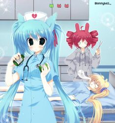 2000s_(style) 3girls ahoge akita_neru animal_ears animal_hospital_(roblox) bear_girl blonde_hair blue_hair cat_girl commentary confused death drill_hair english_commentary ghost grey_hoodie hat hatsune_miku highres holding holding_scissors hood hoodie hospital_gown indoors jelly_(bonnybel) kasane_teto long_hair multiple_girls nurse nurse_cap o_o pill_bottle rabbit_ears rabbit_girl red_hair roblox scissors side_ponytail stethoscope_around_neck triple_baka_(group) twin_drills utau vocaloid