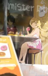  1boy 1girl absurdres araragi_koyomi black_eyes black_hair chair commentary cup doughnut dress drinking_straw eating english_commentary food glasses highres long_hair looking_at_viewer monogatari_(series) on_chair oshino_shinobu pointy_ears resonine short_hair very_long_hair white_dress yellow_eyes 