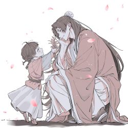  1boy 1girl aged_down beads blunt_ends bun_cover child chinese_clothes commentary_request dress falling_petals hair_beads hair_bun hair_ornament half_updo head_on_hand holding holding_plant jinshi_(kusuriya_no_hitorigoto) kusuriya_no_hitorigoto looking_at_another maomao_(kusuriya_no_hitorigoto) monochrome ninaxi_sham parted_bangs petals pink_petals plant squatting time_paradox tiptoes white_background white_dress wide_sleeves 