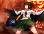  1girl alternate_hairstyle arm_cannon bad_anatomy black_wings bow breasts brown_hair cape hair_bow long_hair minamike1991 ponytail red_eyes reiuji_utsuho skirt smile solo touhou weapon wings 