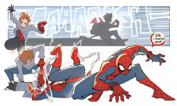  1boy animal_print bodysuit brown_eyes brown_hair city collared_shirt commentary dynamic_pose english_commentary english_text falling feet full_body gloves highres inset_border long_sleeves lying marvel mask multicolored_bodysuit multiple_views on_back on_train pants peter_parker print_bodysuit red_bodysuit shirt short_hair silk sitting speech_bubble spider-man spider-man:_brand_new_day spider-man_(series) spider_print spider_web spider_web_print squatting standing standing_on_one_leg superhero_costume train transformation transforming_clothes two-tone_bodysuit very_short_hair watch watch white_background wokiiarts 