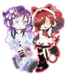  2boys :d absurdres animal_ear_piercing animal_ears apron axel_syrios bandaid bandaid_on_leg banzoin_hakka banzoin_hakka_(5th_costume) bird_hair_ornament black_leg_warmers black_shorts blue_eyes blue_leg_warmers cat_boy cat_ears cellphone character_charm charm_(object) commentary eyepatch fang flip_phone food-themed_hair_ornament frilled_jacket frills full_moon hair_ornament hair_over_one_eye hair_rings hairclip hakkito_(banzoin_hakka) highres holding holding_phone holostars holostars_english jacket jersey_maid kitt0_o leg_warmers machina_x_flayon machina_x_flayon_(5th_costume) maid maid_apron maid_headdress male_focus moon multiple_boys no_lineart official_alternate_costume open_mouth outline phone purple_hair purple_outline red_hair red_outline regis_altare safety_pin safety_pin_piercing shorts single_hair_ring sleeves_past_fingers sleeves_past_wrists smile strawberry_hair_ornament tail thigh_strap unconventional_maid virtual_youtuber white_apron 