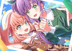  3girls :d aqua_eyes beret birthday blue_sky brown_jacket cerise_bouquet character_age clouds collared_shirt commentary_request confetti crossed_bangs dated day finger_frame fortune_movie_(love_live!) frilled_shirt_collar frills green_eyes green_jacket green_necktie hair_intakes hair_ribbon hat hinoshita_kaho jacket lone_nape_hair long_hair long_sleeves looking_at_viewer love_live! love_live!_hasu_no_sora_jogakuin_school_idol_club multiple_girls neck_ribbon necktie open_mouth orange_hair otomune_kozue outdoors photo_(object) pinstripe_jacket pinstripe_pattern raised_inner_eyebrows red_ribbon ribbon roze_(ro_z7) shirt side_ponytail sidelocks signature sky smile striped_ribbon twitter_username virtual_youtuber white_hat white_shirt 
