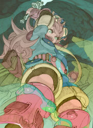  1boy absurdres air_current arm_up armlet belt blue_eyes blue_hat blue_jumpsuit brown_hair cave commentary_request from_below goggles goggles_on_headwear grandia grandia_i hat highres holding holding_sword holding_weapon jewelry jumpsuit justin_(grandia) leg_armor long_hair open_mouth ruins scabbard sheath short_jumpsuit solo sword unitard weapon zinguuzisaburou 