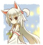  1girl animal_ears bare_shoulders blush border brown_eyes fox_ears fox_mask hair_bobbles hair_ornament ichi_hachi_rei_rei japanese_clothes leaf long_hair looking_at_viewer mask original ponytail rope short_ponytail simple_background solo white_hair 