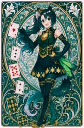  1girl :d ace_(playing_card) ace_of_hearts ai-generated alt_text animal_ears art_nouveau ascot asymmetrical_bangs bare_shoulders boots booyaka_designs border card club_(shape) collared_sweater commentary crown_ornament ear_ornament ear_through_crown elbow_gloves english_commentary full_body gloves green_boots green_eyes green_gloves green_sweater hand_on_own_hip hand_up heart highres horse_ears horse_girl horse_tail long_hair playing_card ribbed_sweater rounded_corners satono_crown_(emerald_journey)_(umamusume) satono_crown_(umamusume) shorts side_ponytail sleeveless sleeveless_sweater smile solo suspender_shorts suspenders sweater tail ten_of_hearts thigh_boots three_of_clubs two_of_clubs umamusume walking white_border yellow_ascot yellow_trim 