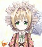  1girl ai_(kamisama_no_inai_nichiyoubi) antenna_hair blush brown_hair character_name green_eyes hat highres jacket kamisama_no_inai_nichiyoubi kem_kem short_hair shovel signature smile solo straw_hat worktool 