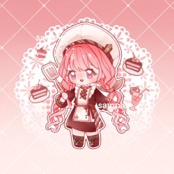  1girl apron argyle_background ascot boots bow brooch brown_ascot brown_boots brown_bow brown_dress brown_socks buttons cat chef chef_hat chibi chinese_commentary collared_dress commentary_request commission contrast_collar cup dress drinking_glass drinking_straw eyelashes flat_top_chef_hat frilled_apron frilled_dress frills gradient_background hair_bow happy hat high_collar highres holding holding_spatula infinity_nikki jewelry jingyanyan juice kneehighs lace_background light_blush long_hair looking_ahead low_twintails medium_dress medium_skirt nikki_(nikki) nikki_(series) open_mouth pink_background pink_eyes pink_hair pink_skirt plate pleated_skirt procreate_(medium) sample_watermark single_stripe skirt skirt_under_dress smile socks solo spatula standing striped_ascot striped_bow striped_clothes striped_skirt striped_socks sweet_traces_(infinity_nikki) tareme twintails very_long_hair waist_bow watermark wavy_hair white_apron white_hat 