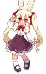  1girl animal_ear_fluff animal_ears arm_up bangs black_footwear blonde_hair blush bobby_socks bow bunny_ears center_frills collared_shirt eyebrows_visible_through_hair frills full_body hair_between_eyes hair_bow heart heart-shaped_pupils highres long_hair long_sleeves looking_at_viewer mary_janes masurao_(sekaiju) masurao_2_(sekaiju) naga_u open_mouth parted_lips puffy_long_sleeves puffy_sleeves purple_skirt rabbit_ears red_bow red_eyes sekaiju_no_meikyuu sekaiju_no_meikyuu_5 shirt shoes short_eyebrows simple_background skirt sleeves_past_wrists socks solo standing standing_on_one_leg symbol-shaped_pupils thick_eyebrows twintails very_long_hair wavy_mouth white_background white_legwear white_shirt white_socks 