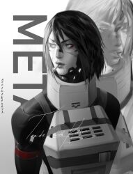 1girl android artist_name cigarette greyscale high_collar kontuzhenaya looking_to_the_side monochrome red_armband robot robot_girl short_hair signalis signature smoking solo upper_body