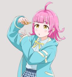  1girl :o ahoge blue_shirt blue_skirt blunt_bangs blush collared_shirt commentary_request cutting_hair cutting_own_hair eyelashes grey_background holding holding_scissors hood hood_down hooded_jacket jacket long_sleeves love_live! love_live!_nijigasaki_high_school_idol_club medium_hair neck_ribbon ootake_toshitomo open_clothes open_jacket open_mouth pink_hair plaid_clothes plaid_skirt ribbon scissors shirt simple_background skirt sleeves_past_wrists solo tennoji_rina yellow_eyes yellow_ribbon 