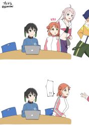  blue_hat chair commentary_request computer hat highres jacket laptop leggings love_live! love_live!_nijigasaki_high_school_idol_club miyashita_ai multicolored_jacket nijigasaki_track_jacket ohrinas purple_leggings running sports_bra takasaki_yu track_jacket turtleneck turtleneck_jacket uehara_ayumu waving zhong_lanzhu 