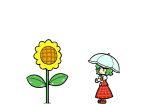  1girl comic dora_e flower green_hair kazami_yuuka plaid plaid_skirt short_hair silent_comic simple_background skirt sunflower touhou umbrella 