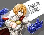  1girl alien blonde_hair blue_eyes breasts cape character_name cleavage cleavage_cutout clenched_hand dc_comics fighting_stance gloves highres kryptonian large_breasts leotard lips pottsu power_girl short_hair solo superhero 