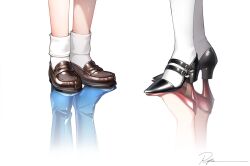 2girls bishoujo_senshi_sailor_moon black_shoes blue_boots boots brown_shoes different_reflection dual_persona feet_only footwear_focus high_heel_boots high_heels hino_rei loafers magical_girl mizuno_ami multiple_girls red_shoes reflection reflective_floor ryota_(ry_o_ta) sailor_mars sailor_mercury shoes signature socks standing white_background white_socks 