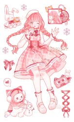  1girl absurdres ahoge alternate_costume animal ankle_socks argyle_clothes argyle_dress beret bloom_poetry_(shining_nikki) bow bow_legwear bowtie braid cassette_tape cat character_doll chinese_commentary cloak clothed_animal clothes_writing collared_shirt commentary_request cross-laced_clothes cross-laced_dress cross-laced_legwear diamond_(gemstone) doll downturned_eyes dress dress_ribbon ear_covers earmuffs floral_print frilled_shirt_collar frilled_sleeves frills full_body gem hand_up happy hat headphones heart high_collar high_heels highres holding holding_instrument holding_microphone hood hood_up hooded_cloak instrument jingyanyan knees long_hair long_sleeves looking_at_object looking_at_viewer low_twin_braids mary_janes medium_dress microphone momo_(nikki) musical_note nikki_(nikki) nikki_(series) palms pinafore_dress pink_cloak pink_dress pink_gem pink_hair pink_scarf pleated_dress print_dress pumps red_bow red_bowtie red_ribbon ribbon ribbon-trimmed_bowtie scarf shining_nikki shirt shoes simple_background singing sleeveless sleeveless_dress snowflakes snowman socks speech_bubble spoken_heart striped_clothes striped_shirt stuffed_animal stuffed_cat stuffed_rabbit stuffed_toy traditional_bowtie triangle_(instrument) twin_braids unworn_headphones vertical-striped_clothes vertical-striped_shirt very_long_hair vinyl_record whiskers white_background white_cat white_hat white_shirt white_shoes white_socks x_navel 