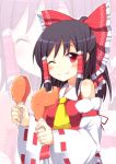  1girl bare_shoulders black_hair bow detached_sleeves eating fried_chicken hair_bow hair_tubes ponytail red_eyes shefu solo touhou wink 