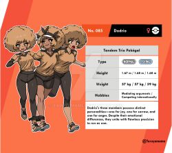  3girls afro artist_name brown_hair character_name character_profile collared_shirt dark-skinned_female dark_skin deviantart_logo deviantart_username dodrio english_text full_body height layered_sleeves long_sleeves midriff_peek multiple_girls open_mouth orange_background pants personification pokedex_number pokemon pokemon_sword_and_shield rope running shirt short_over_long_sleeves short_sleeves shorts sportswear taruyamame three-legged_race venus_symbol visor_cap watermark weight yellow_eyes yoga_pants 