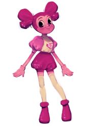  1girl black_eyes closed_mouth colored_skin commentary english_commentary eyelashes full_body gem_(steven_universe) gloves hair_bun heart highres homeworld_gem_uniform knaiifu lips no_ears pink_gloves pink_hair pink_skin puffy_short_sleeves puffy_shorts puffy_sleeves shirt short_sleeves shorts simple_background smile solo spinel_(original_form)_(steven_universe) spinel_(steven_universe) standing steven_universe steven_universe:_the_movie thigh-highs 