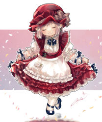  1girl aka_tonbo_(lililil) apron artist_name black_ribbon black_shoes closed_eyes closed_mouth commentary_request crossed_legs curtsey dress earrings falling_petals final_fantasy final_fantasy_xiv frilled_dress frilled_shirt frills full_body hat hat_ribbon holding_own_dress jewelry lalafell maid maid_day mob_cap neck_ribbon original petals pink_background pink_hair pink_ribbon pointy_ears red_dress red_hat ribbon shirt shoes short_hair short_sleeves sidelocks signature single_earring smile socks solo two-tone_background waist_apron warrior_of_light_(ff14) white_apron white_background white_shirt white_socks white_wrist_cuffs wrist_cuffs 