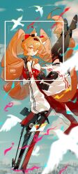  1girl absurdres angelina_(arknights) angelina_the_mellow_wish_(arknights) animal_ear_fluff animal_ears arknights battery_indicator bird black_boots black_collar black_hairband black_thighhighs boots brown_hair chinese_commentary clouds collar commentary_request detached_sleeves dress earpiece fox_ears fox_girl from_behind full_body hair_between_eyes hairband highres infection_monitor_(arknights) legs_up long_hair long_sleeves looking_at_viewer multicolored_hairband sitting sky smile solo staff_riding streamers thigh-highs twintails two-tone_hairband weidu_huanxiang_epsilon white_dress 