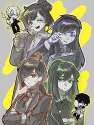  2boys 4girls :d :| adapted_hairstyle ahoge alcohol alternate_hairstyle beer beer_mug blazer book bow bowtie brooch character_request chibi chibi_inset chinese_commentary clenched_teeth closed_mouth collared_shirt commentary_request crossed_arms cup expressionless genderswap genderswap_(mtf) green_outline grey_background greyscale_with_colored_background grimace guantong_chuangshang_2_xuruo hair_bun hair_ornament hair_over_one_eye hairband hairclip hairstyle_switch hand_up head_tilt highres hod_(project_moon) holding holding_book holding_cup hugging_object jacket jewelry library_of_ruina long_hair long_sleeves looking_at_viewer low-tied_long_hair malkuth_(project_moon) medium_hair mug multiple_boys multiple_girls netzach_(project_moon) no_pupils one_eye_closed one_eye_covered open_mouth orange_outline outline parallel_hairclips personality_switch project_moon purple_outline rubbing_eyes shirt simple_background smile sweatdrop teeth two-tone_background upper_body yellow_background yellow_outline yesod_(project_moon) 