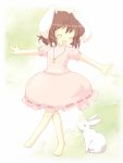  1girl animal_ears barefoot brown_hair carrot closed_eyes dress inaba_tewi jewelry necklace open_mouth outstretched_arms pendant pink_dress puffy_sleeves rabbit rabbit_ears short_sleeves smile solo touhou walking yanmarson 